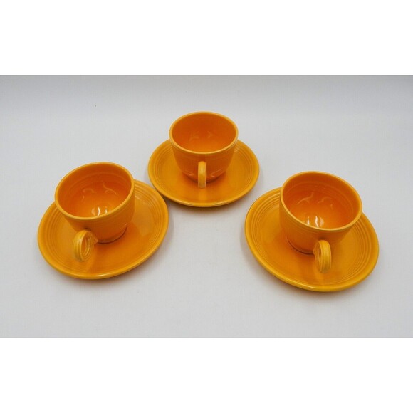 Fiesta Fiestaware Yellow Teacup Saucer Ring Handle HLC Genuine Fiesta USA S/3 - Picture 2 of 11